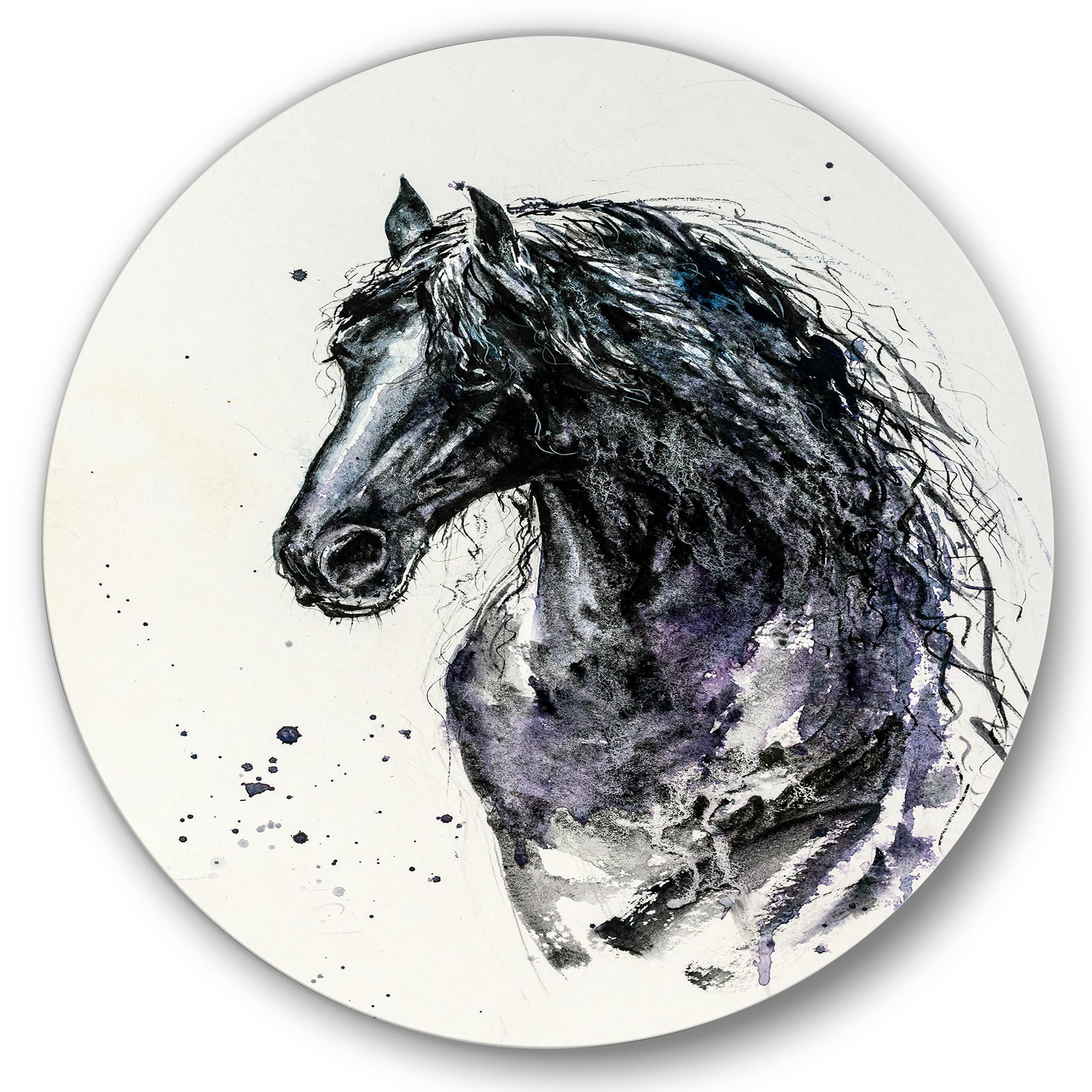 Designart - Portrait of Friesian Horse With Long Manes - Farmhouse Metal Circle Wall Art